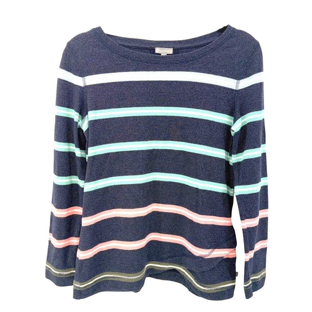 T by Talbots Coastal Preppy Navy Striped Sweater - M Boat Neck Nautical Knit